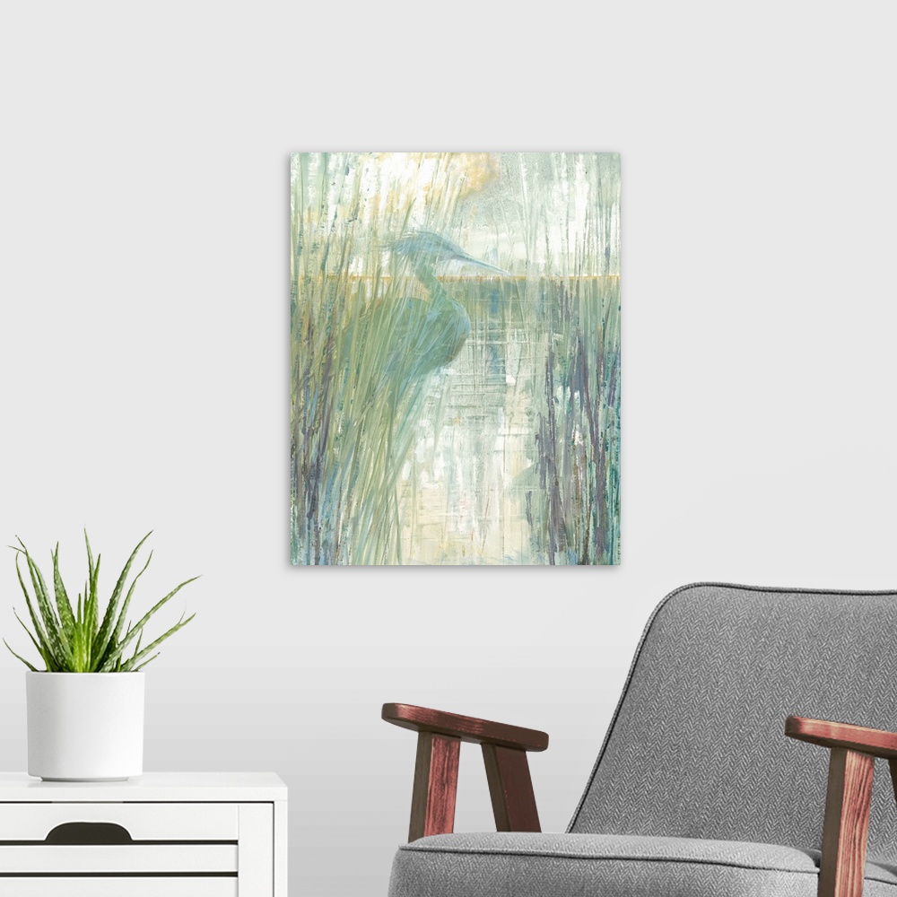 A modern room featuring Contemporary painting of an egret on the marsh behind tall beach grass in pale green, blue, purpl...