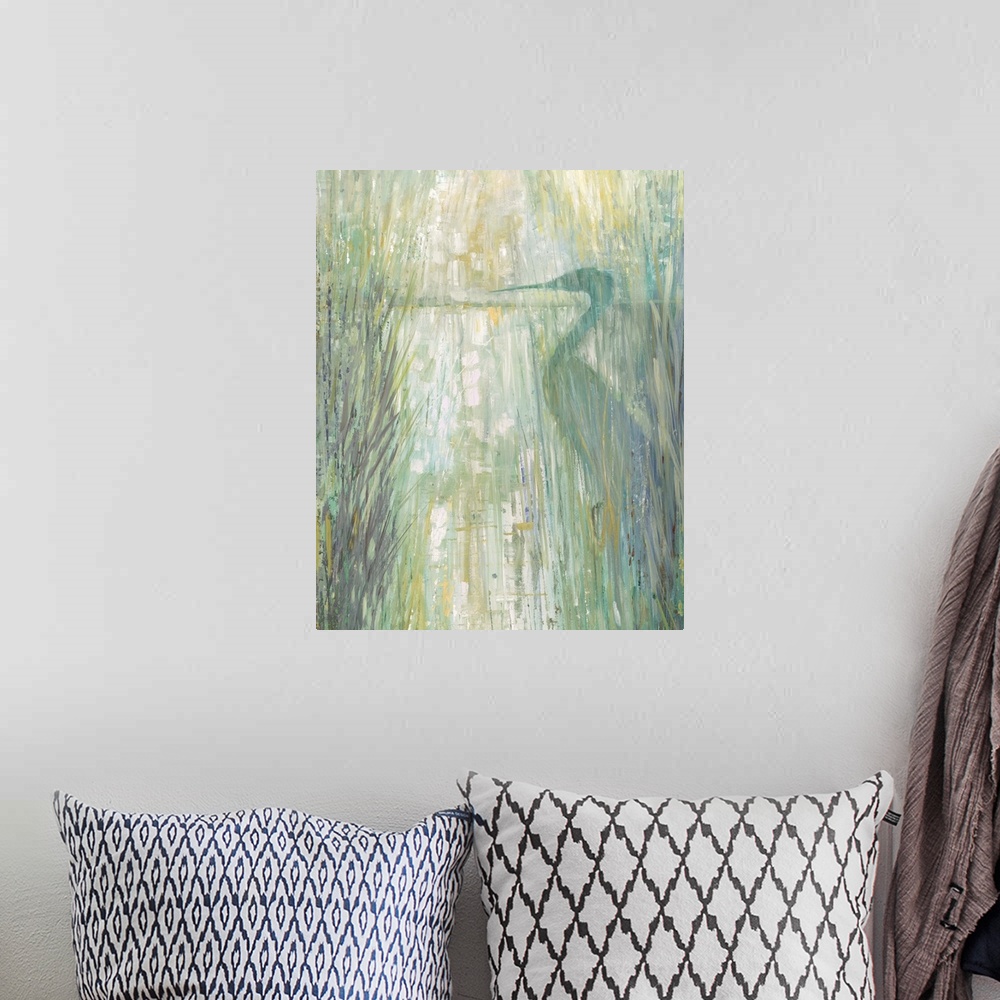 A bohemian room featuring Contemporary painting of an egret on the marsh behind tall beach grass in pale green, blue, purpl...