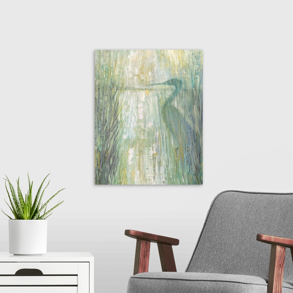 A modern room featuring Contemporary painting of an egret on the marsh behind tall beach grass in pale green, blue, purpl...