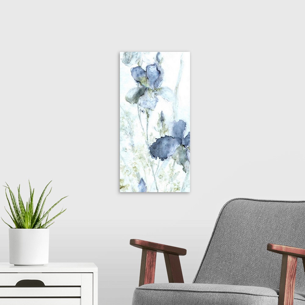 A modern room featuring Contemporary panel painting of indigo irises with dark shades of green.