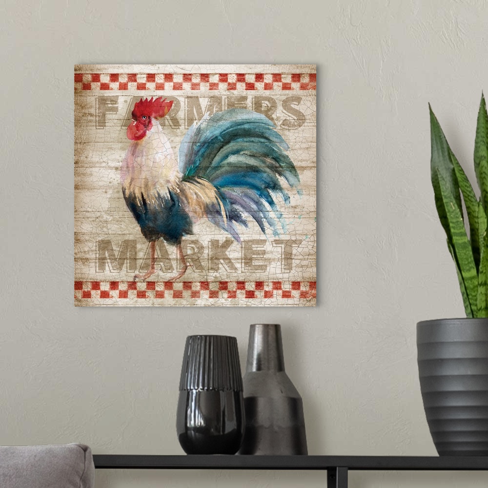 A modern room featuring Square kitchen art with a watercolor rooster painted on a sign that reads "Farmers Market" in the...