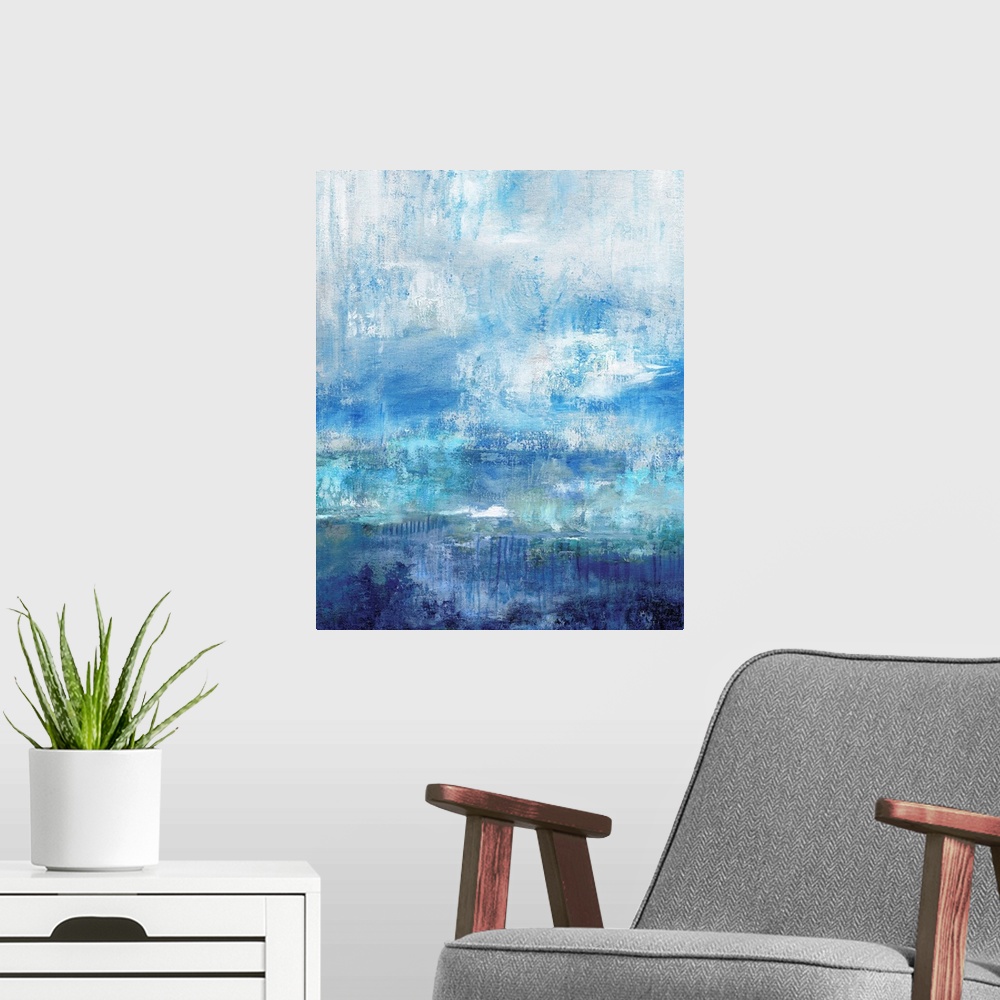 A modern room featuring Abstract painting with different shades of blue and a white overlay resembling mist.