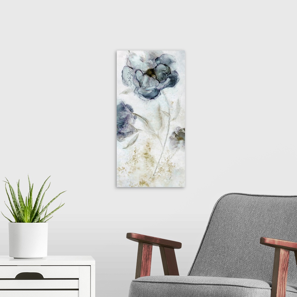 A modern room featuring Contemporary panel painting of indigo peonies with dark shades of green.