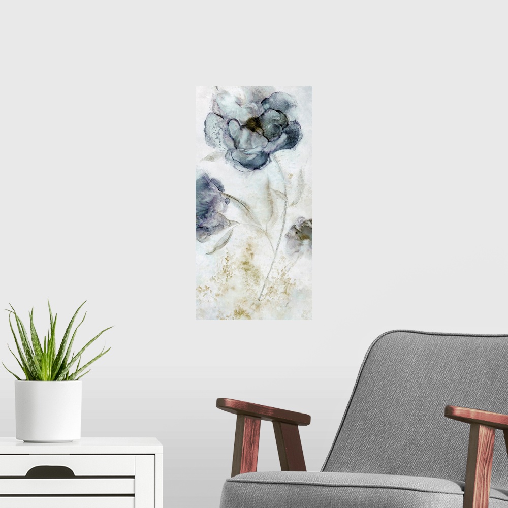 A modern room featuring Contemporary panel painting of indigo peonies with dark shades of green.
