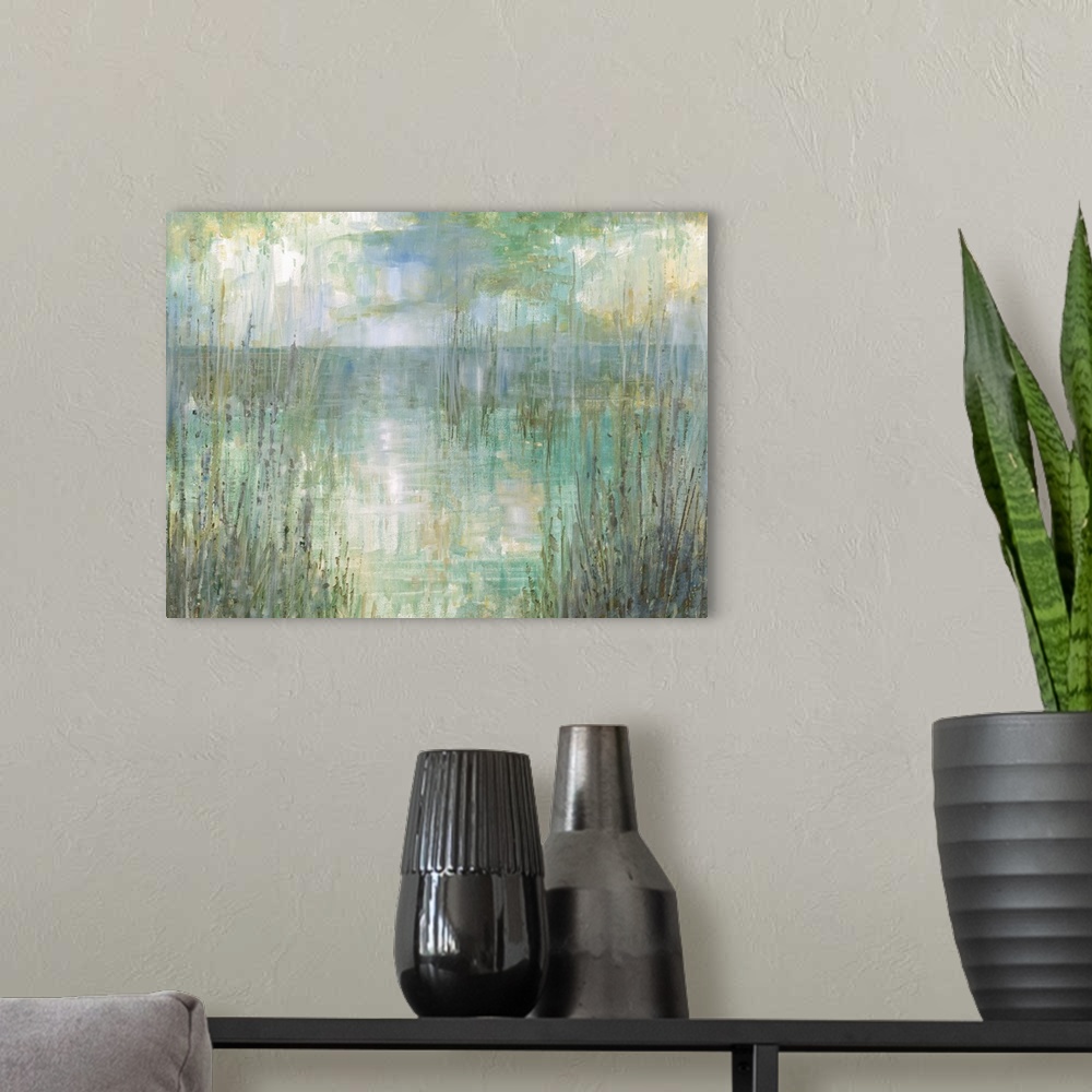 A modern room featuring Abstract landscape painting of the ocean behind tall beach grass in pale green, blue, purple, and...