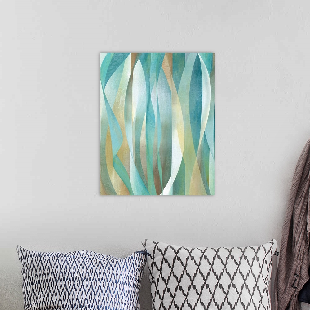 A bohemian room featuring Abstract painting with long, flowing vertical lines of color running from top to bottom.