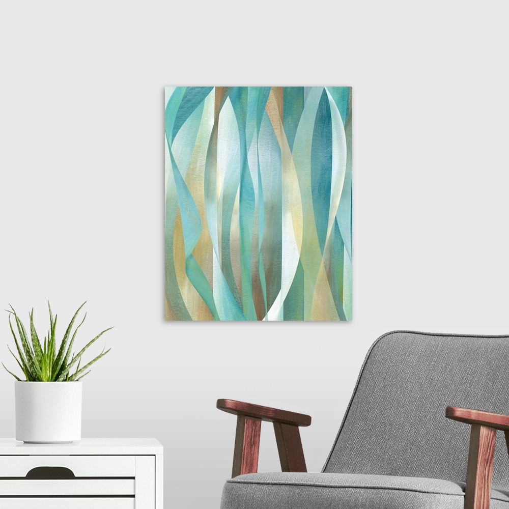 A modern room featuring Abstract painting with long, flowing vertical lines of color running from top to bottom.