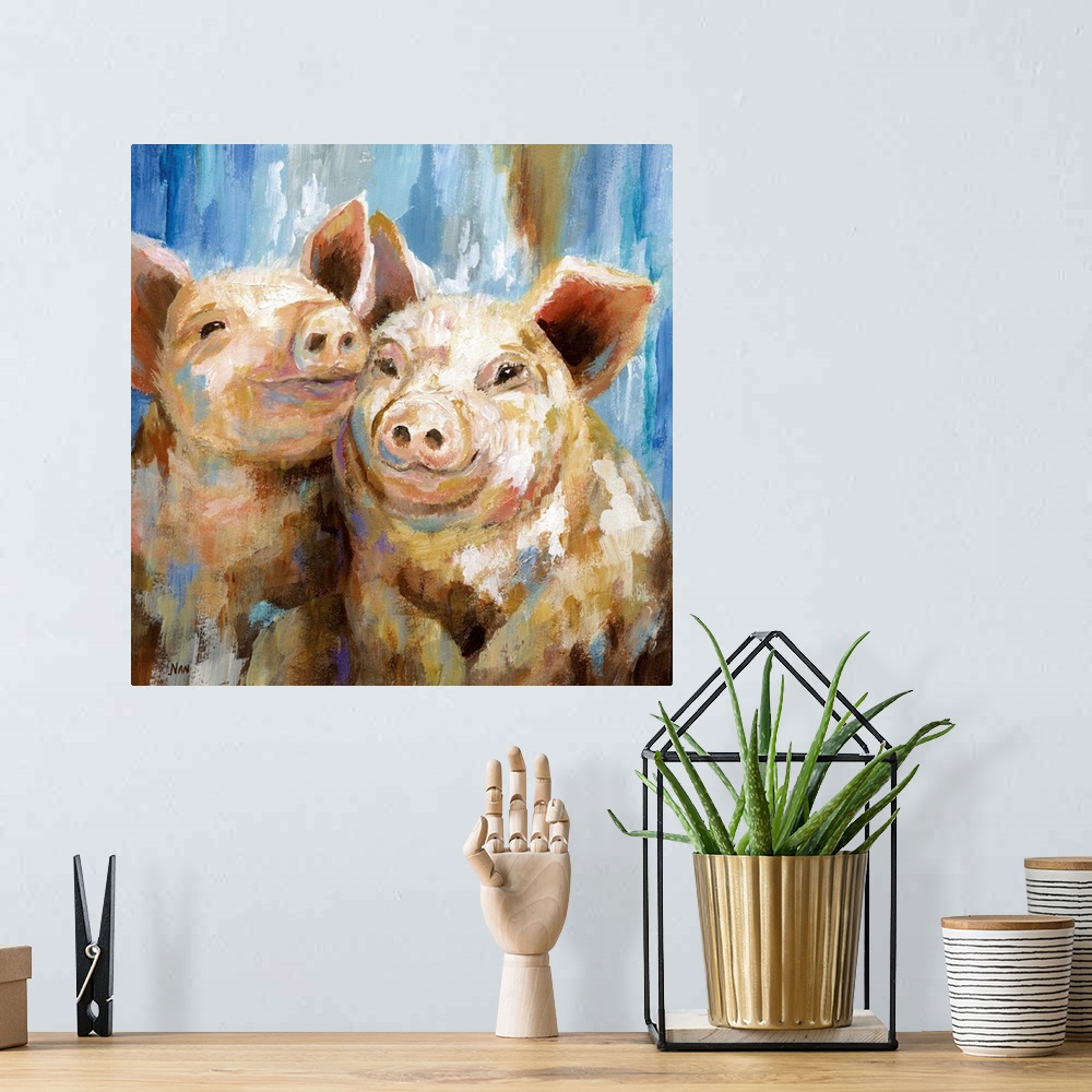 A bohemian room featuring Contemporary portrait of two happy pigs.