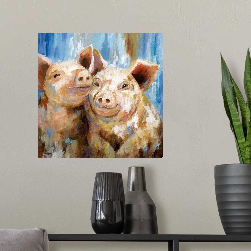 A modern room featuring Contemporary portrait of two happy pigs.