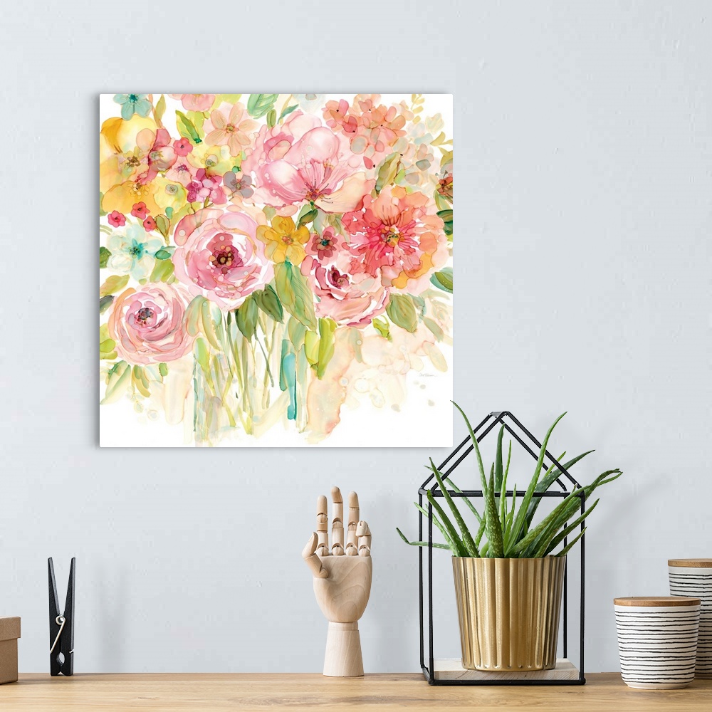 A bohemian room featuring Square watercolor painting of a bouquet of pink and yellow flowers.