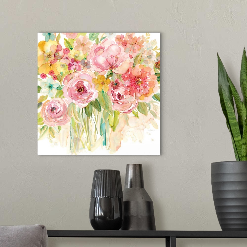 A modern room featuring Square watercolor painting of a bouquet of pink and yellow flowers.