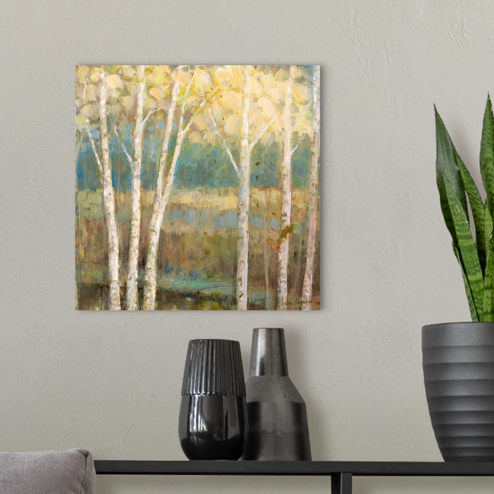 A modern room featuring Square painting of an abstract  tree covered landscape with dark hues.