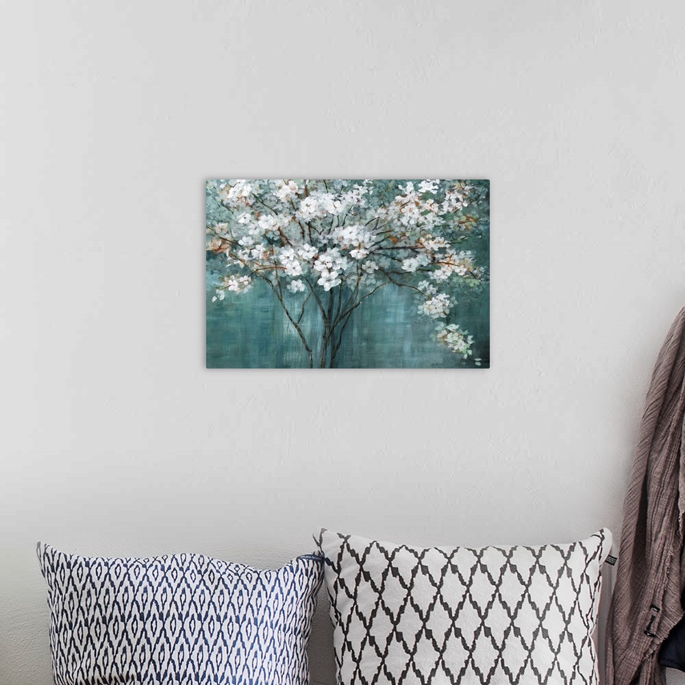 A bohemian room featuring Contemporary painting of a thin limbed tree with white flower blossoms on a dark teal background.
