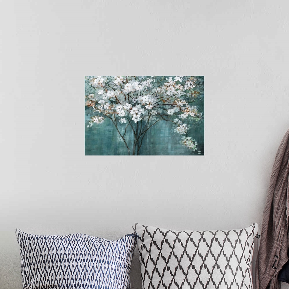 A bohemian room featuring Contemporary painting of a thin limbed tree with white flower blossoms on a dark teal background.