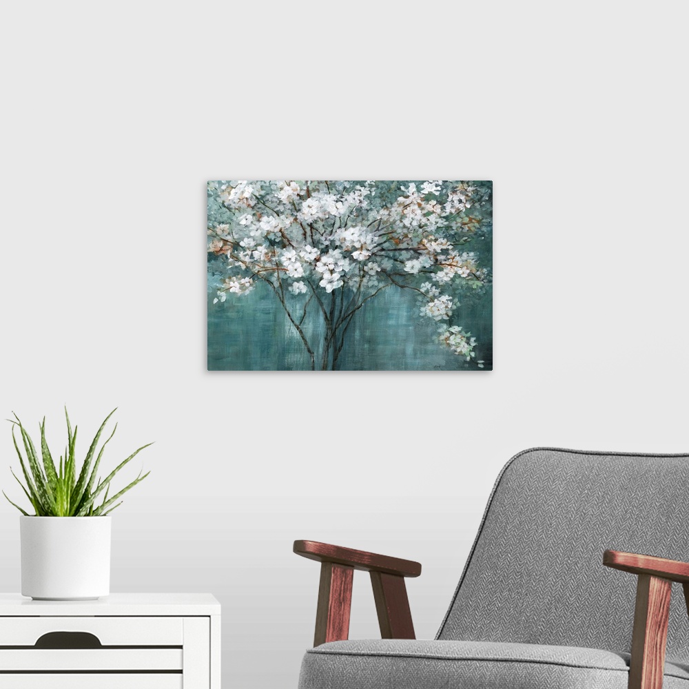 A modern room featuring Contemporary painting of a thin limbed tree with white flower blossoms on a dark teal background.