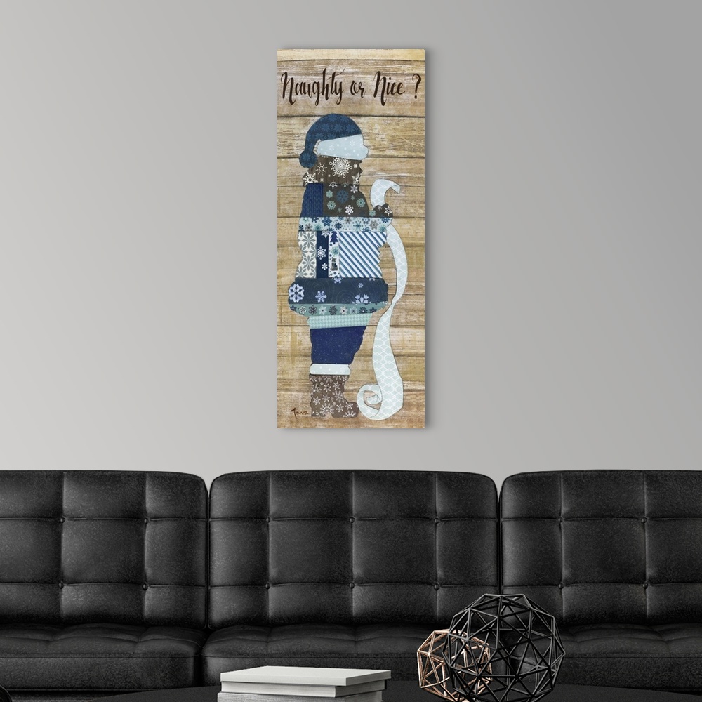A modern room featuring A decorative collage with a wood background and Santa Claus checking his list with the phrase ?na...
