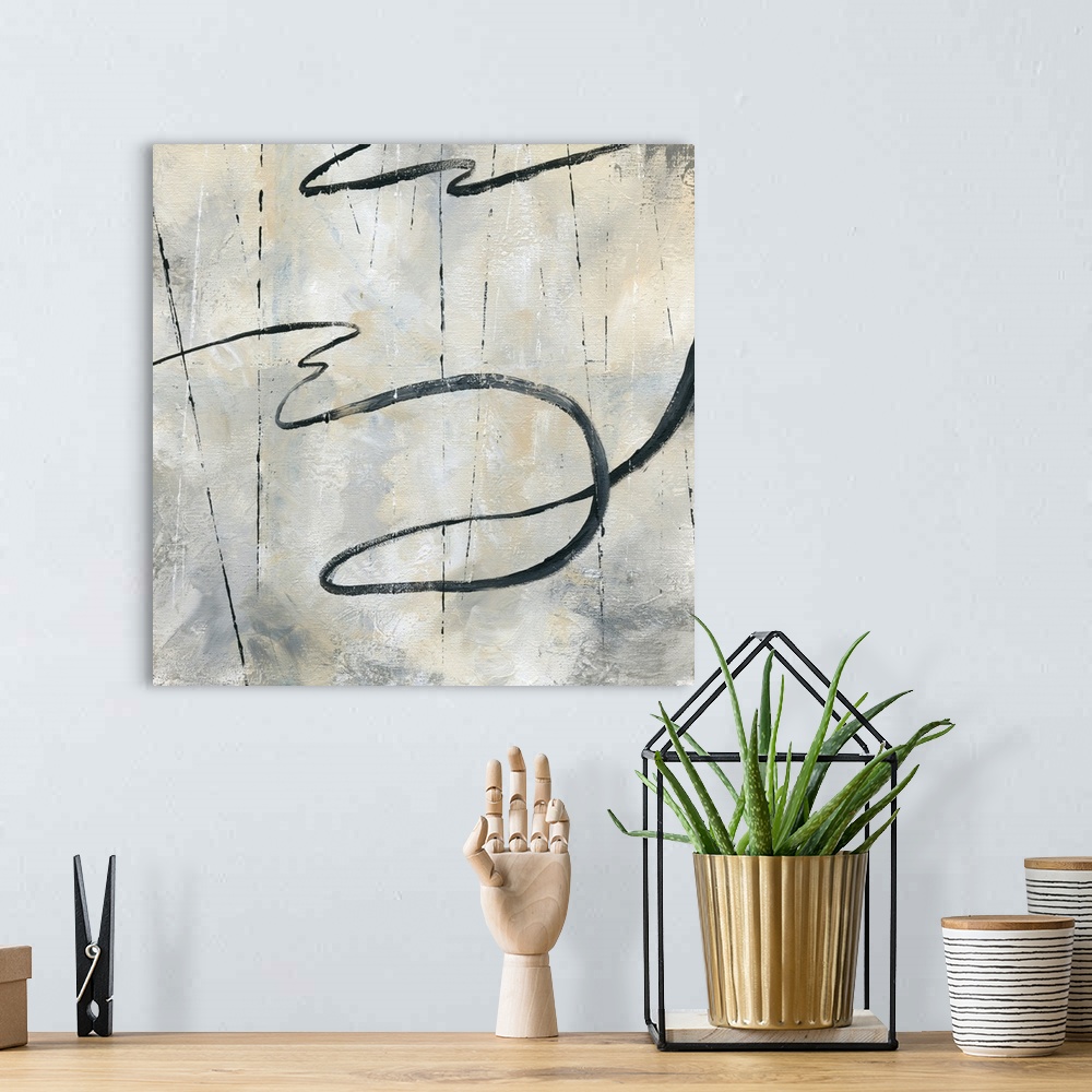 A bohemian room featuring Square abstract painting with black squiggly lines mixed with thin straight lines on a neutral co...