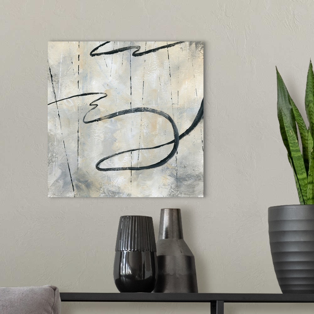 A modern room featuring Square abstract painting with black squiggly lines mixed with thin straight lines on a neutral co...