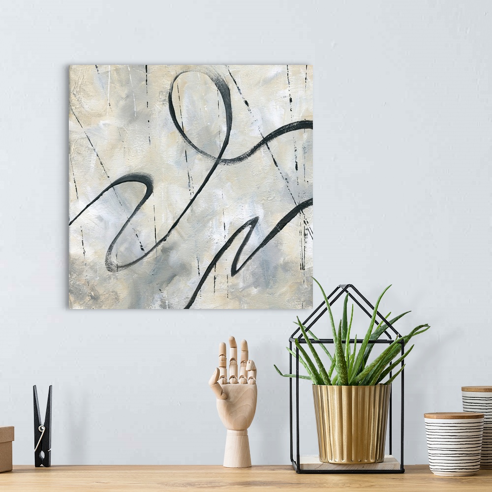 A bohemian room featuring Square abstract painting with black squiggly lines mixed with thin straight lines on a neutral co...