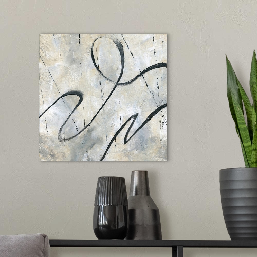 A modern room featuring Square abstract painting with black squiggly lines mixed with thin straight lines on a neutral co...