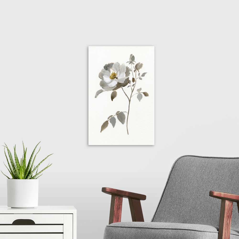 A modern room featuring Large painted flower in neutral shades of color on a solid white background.