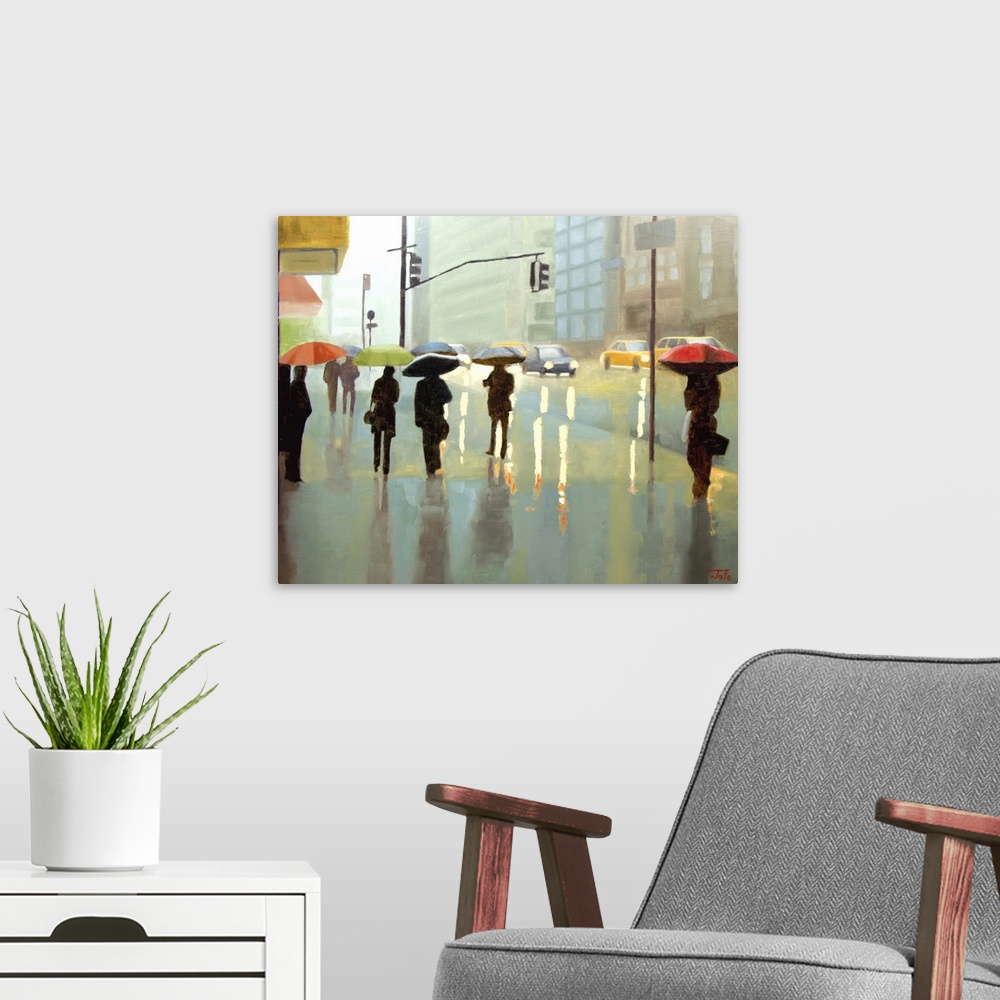 A modern room featuring Contemporary painting of pedestrians under umbrellas on a rainy New York city day.