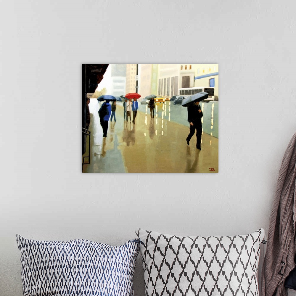 A bohemian room featuring Contemporary painting of pedestrians under umbrellas on a rainy New York city day.