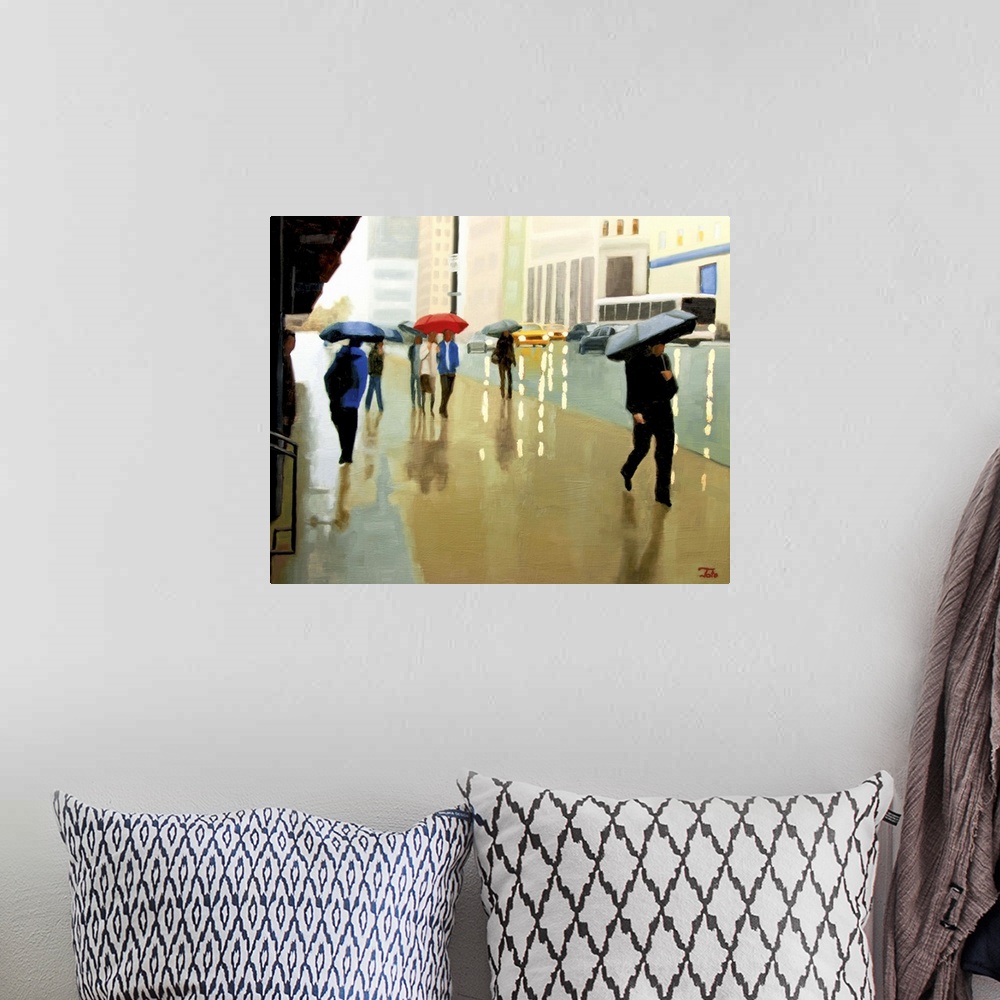 A bohemian room featuring Contemporary painting of pedestrians under umbrellas on a rainy New York city day.