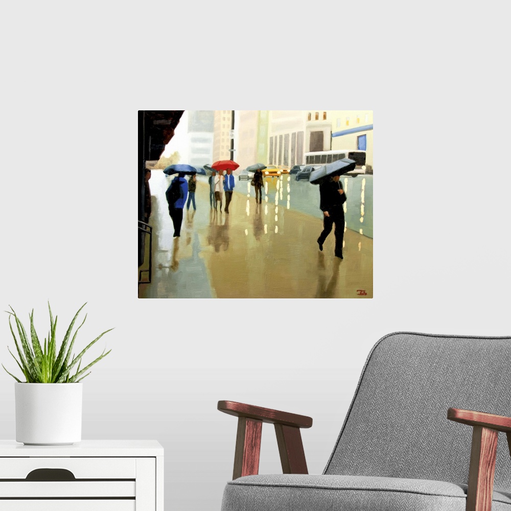 A modern room featuring Contemporary painting of pedestrians under umbrellas on a rainy New York city day.