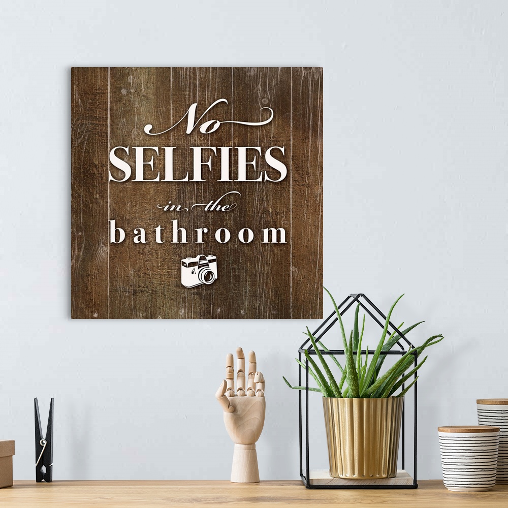A bohemian room featuring "No selfies in the bathroom" text and camera graphic is playfully centered on  a dark distressed ...