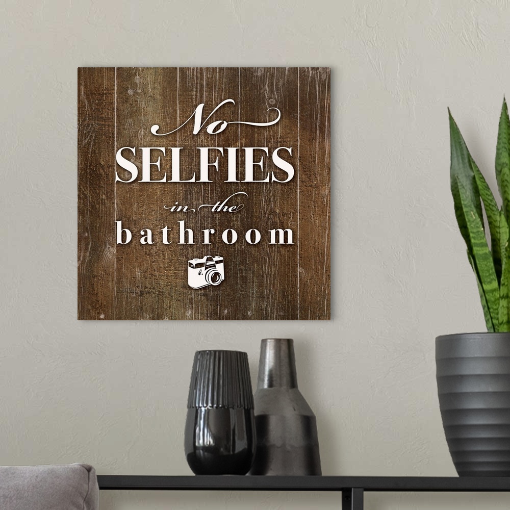 A modern room featuring "No selfies in the bathroom" text and camera graphic is playfully centered on  a dark distressed ...