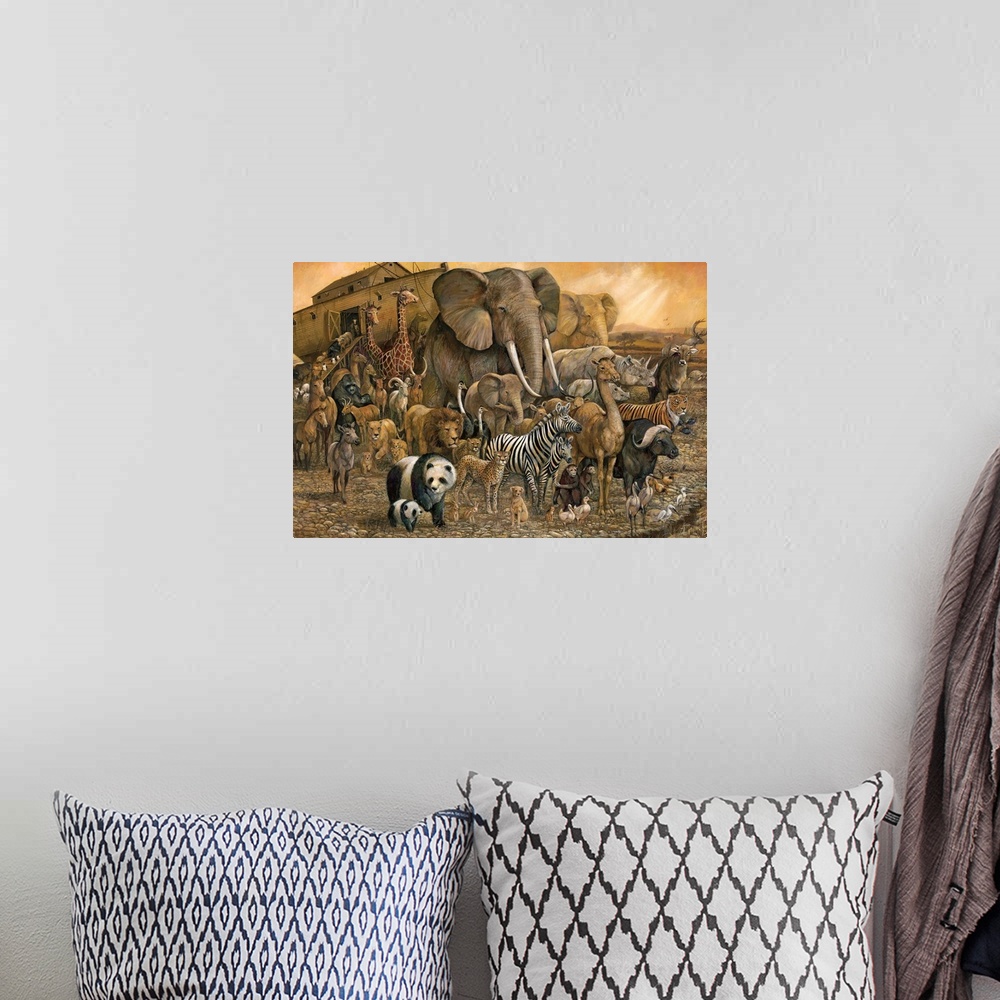 A bohemian room featuring Painting of Noah's Ark and a large group of different animals in brown tones.
