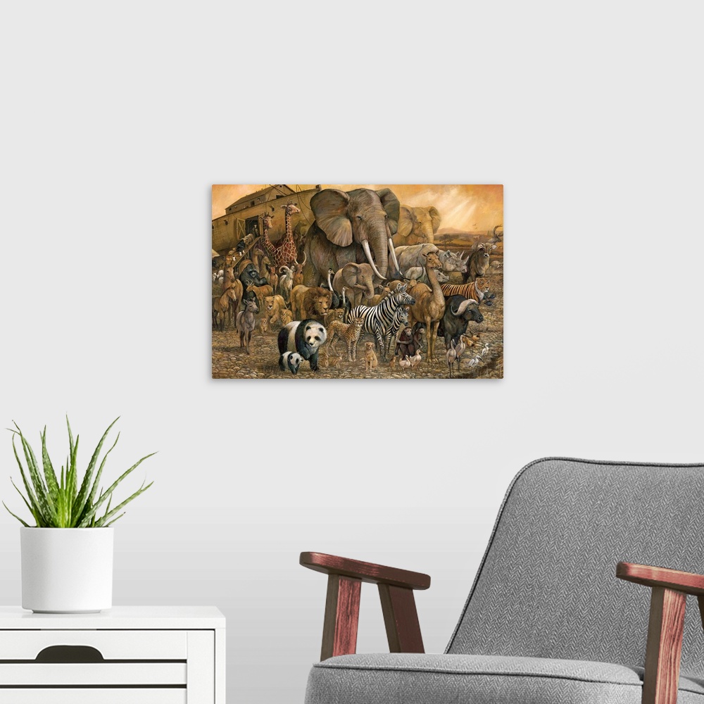 A modern room featuring Painting of Noah's Ark and a large group of different animals in brown tones.