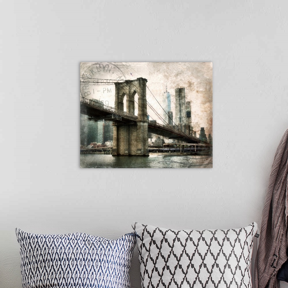 A bohemian room featuring NY Brooklyn Bridge