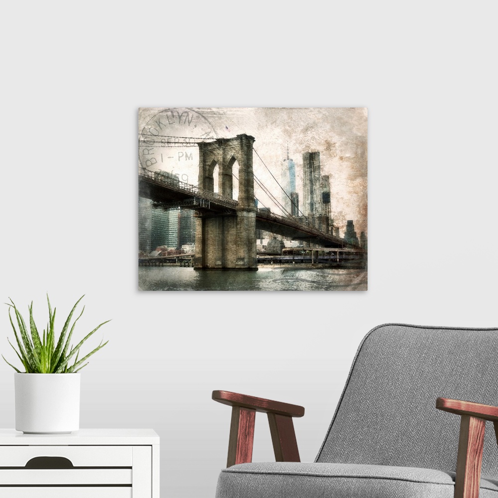 A modern room featuring NY Brooklyn Bridge