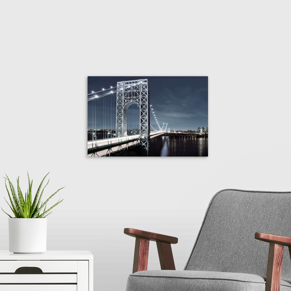 A modern room featuring Photograph of the Manhattan Bridge lit up at dusk with the New York City skyline in the distance.