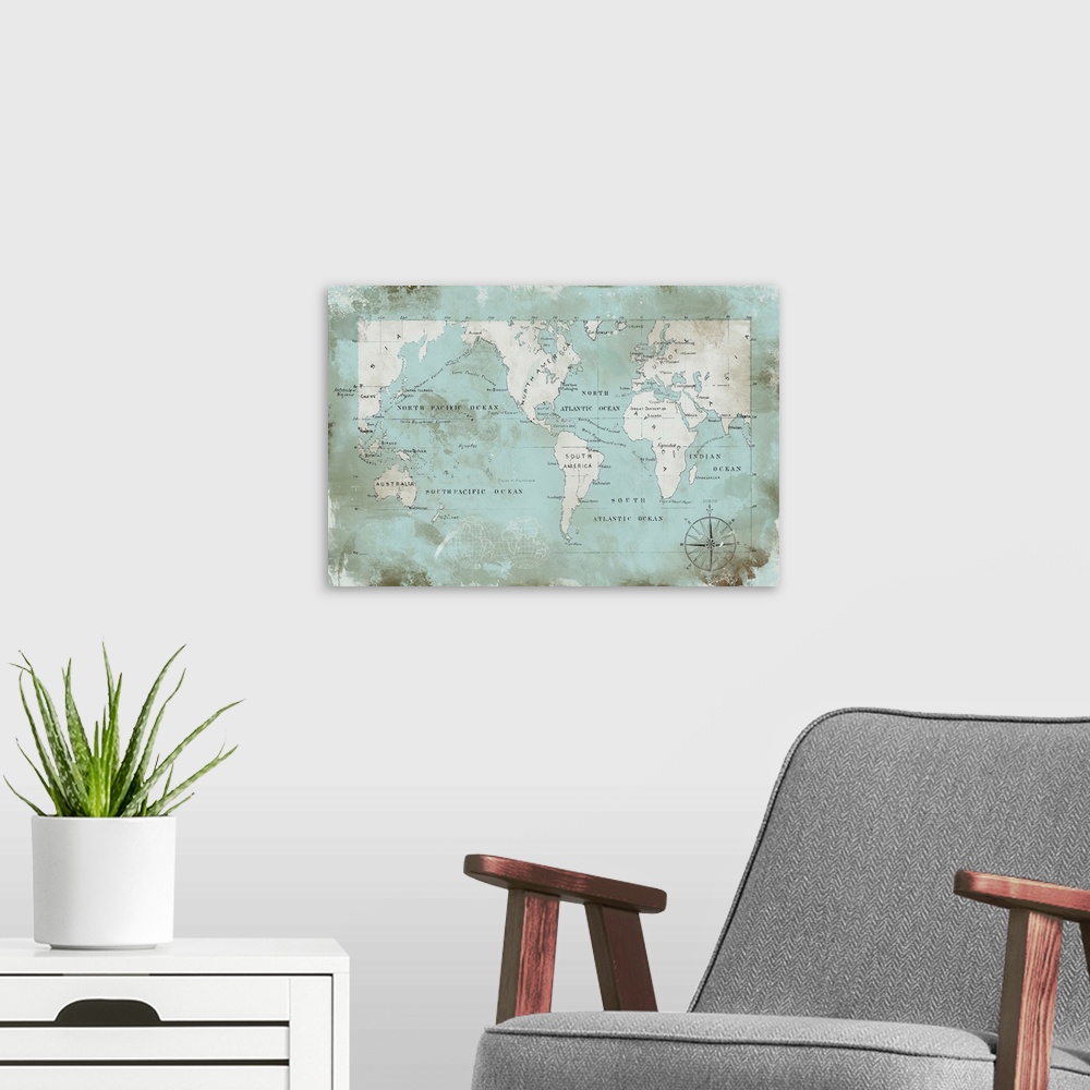 A modern room featuring Antique map of the World.