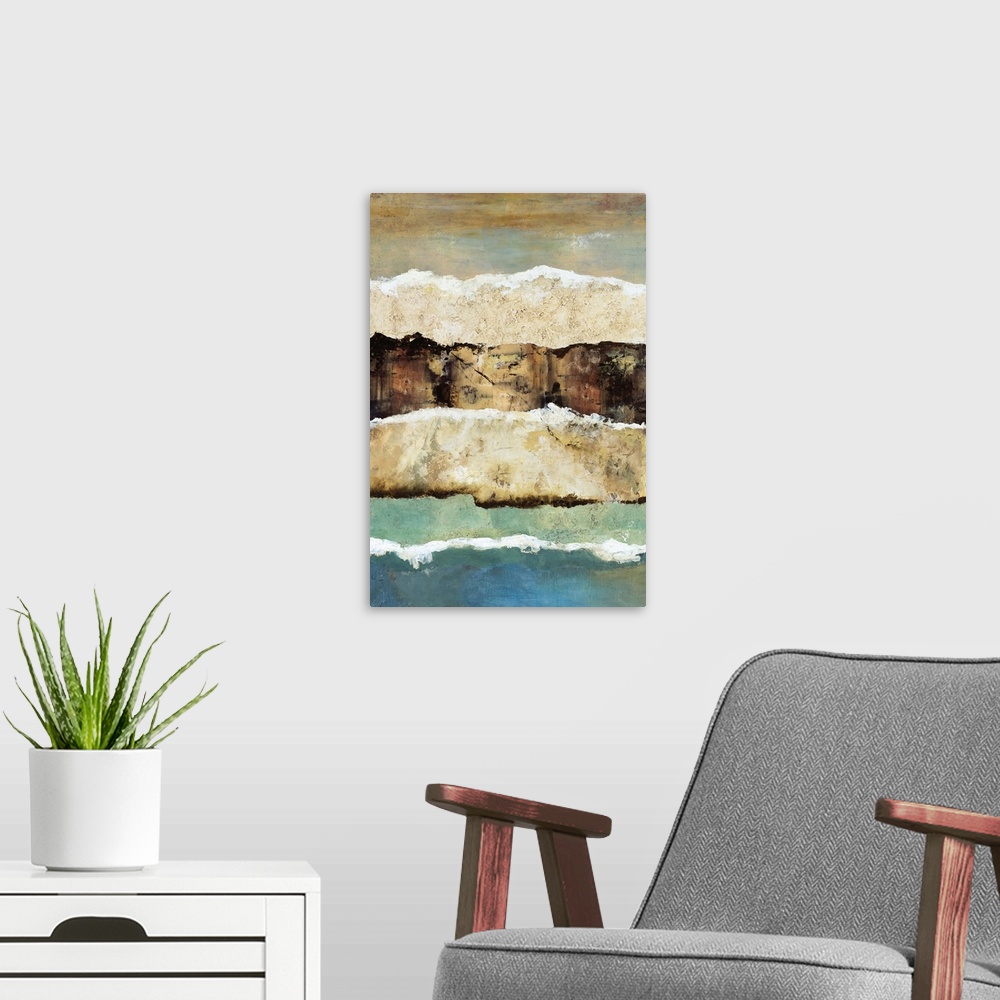 A modern room featuring Vertical abstract painting with different layers of textures laid on top of each other.