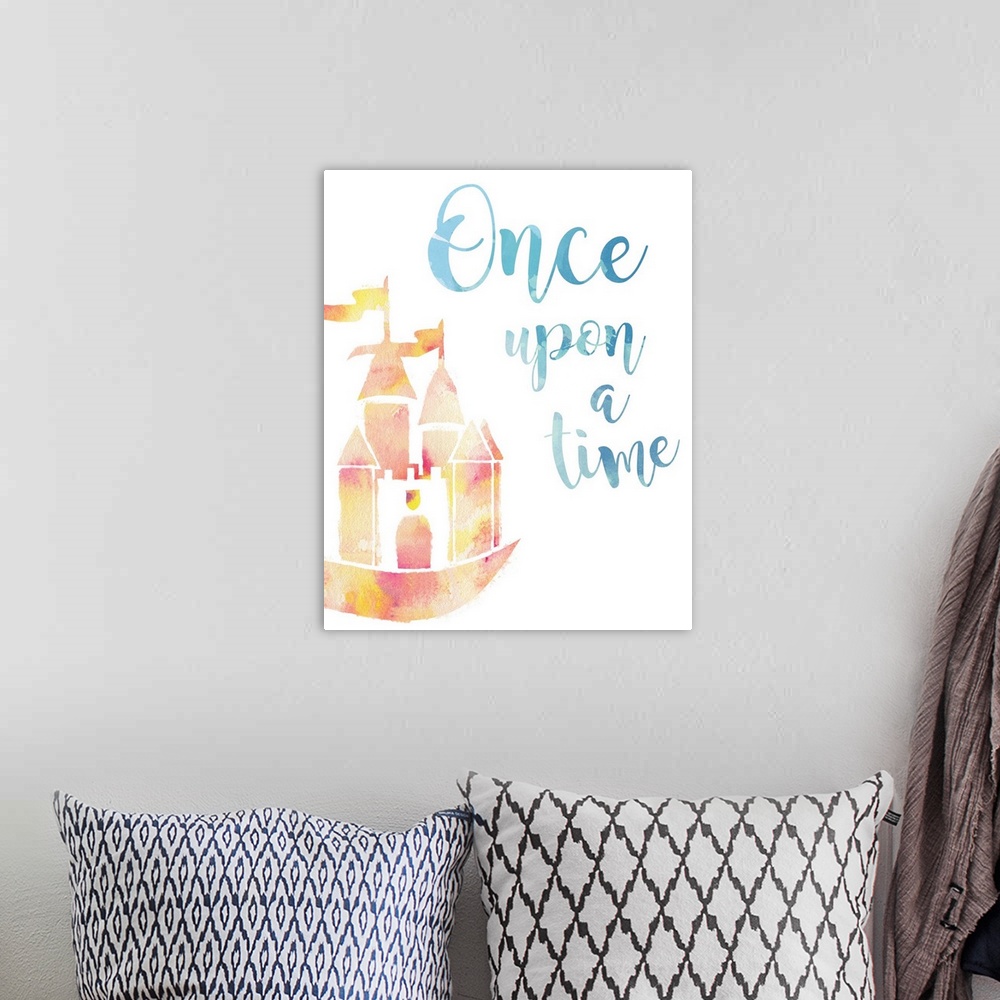 A bohemian room featuring The "Once upon a time" sentiment is adorned with a castle and both are finished in a watercolor s...