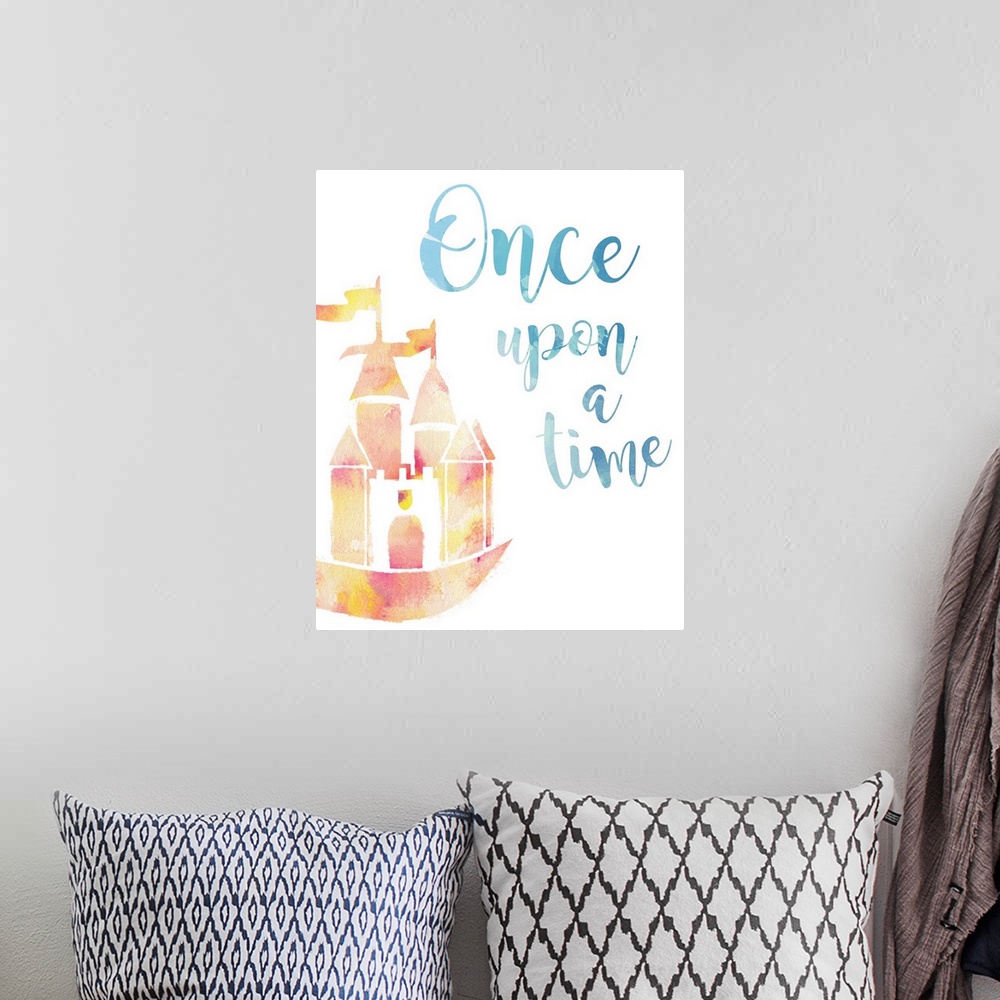 A bohemian room featuring The "Once upon a time" sentiment is adorned with a castle and both are finished in a watercolor s...