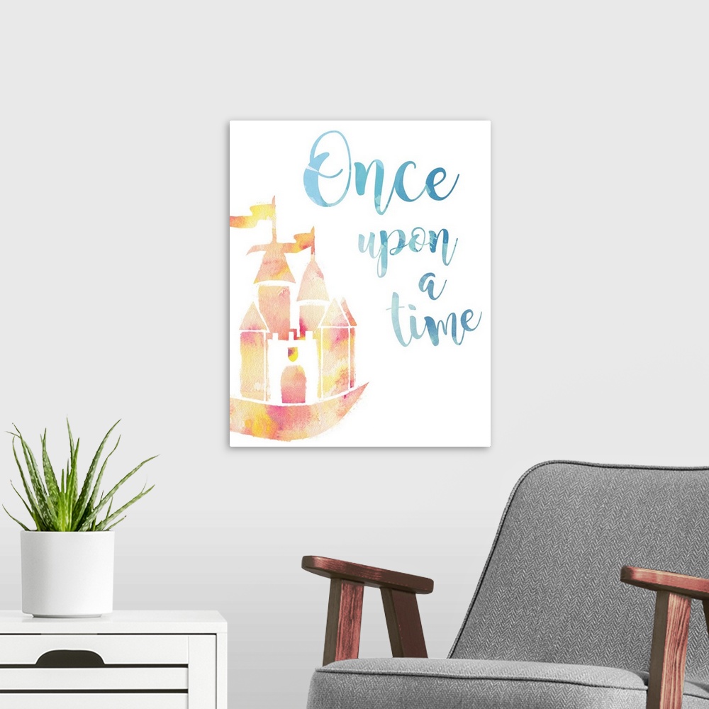 A modern room featuring The "Once upon a time" sentiment is adorned with a castle and both are finished in a watercolor s...