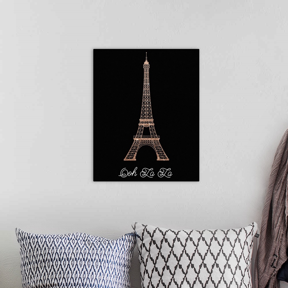 A bohemian room featuring Sparkly rose gold Eiffel Tower illustration on a solid black background with the phrase "Ooh La L...