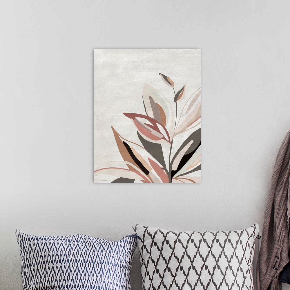 A bohemian room featuring A beautiful and serene illustration of a flowering stem in shades of rust and olive green on a ne...