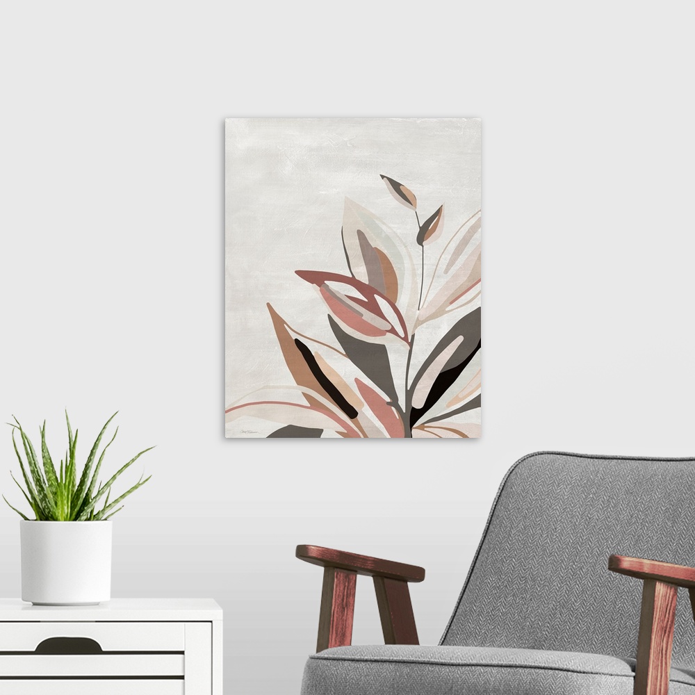 A modern room featuring A beautiful and serene illustration of a flowering stem in shades of rust and olive green on a ne...