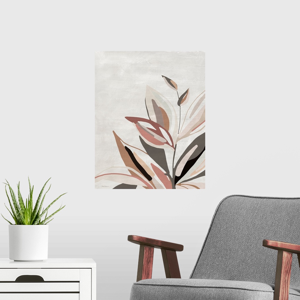 A modern room featuring A beautiful and serene illustration of a flowering stem in shades of rust and olive green on a ne...