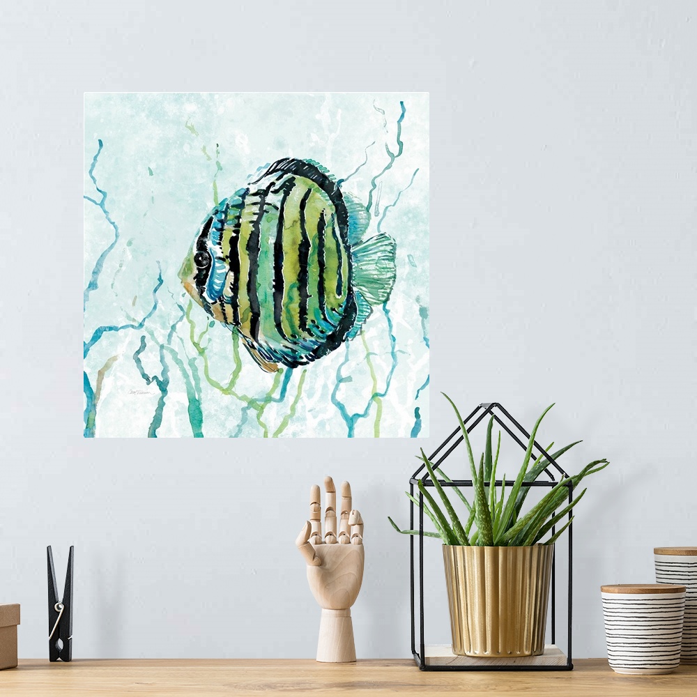 A bohemian room featuring Square watercolor painting of a fish swimming through seaweed in the Outer Banks in shades of blu...