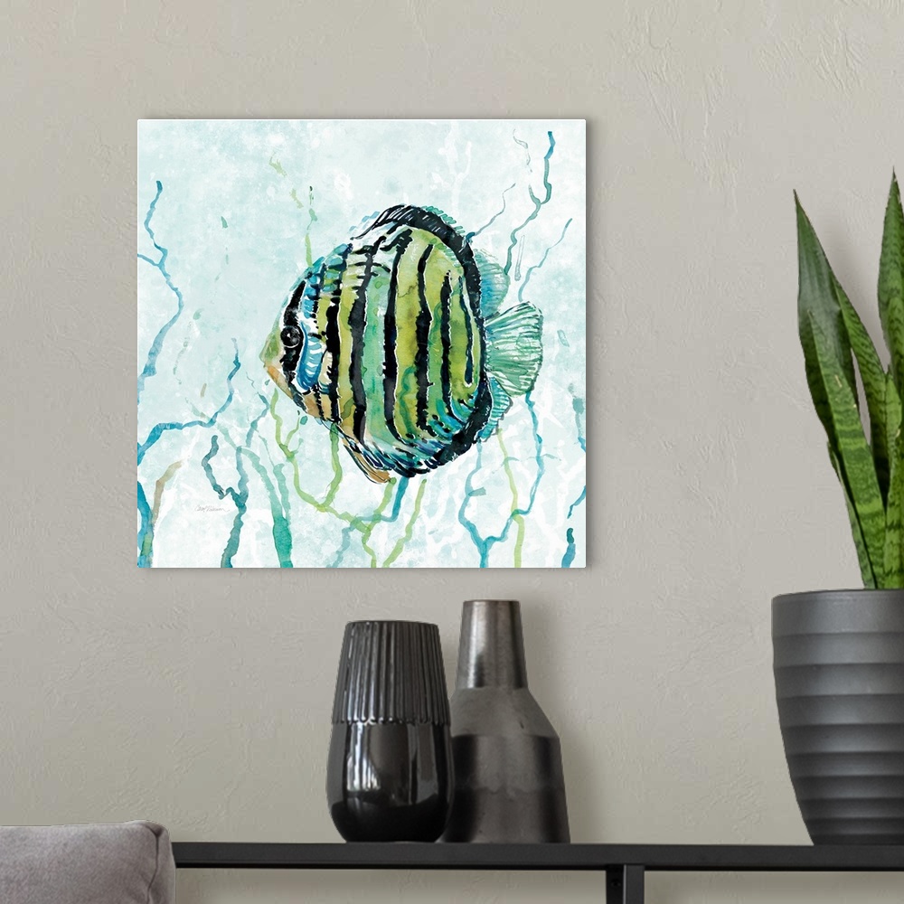 A modern room featuring Square watercolor painting of a fish swimming through seaweed in the Outer Banks in shades of blu...