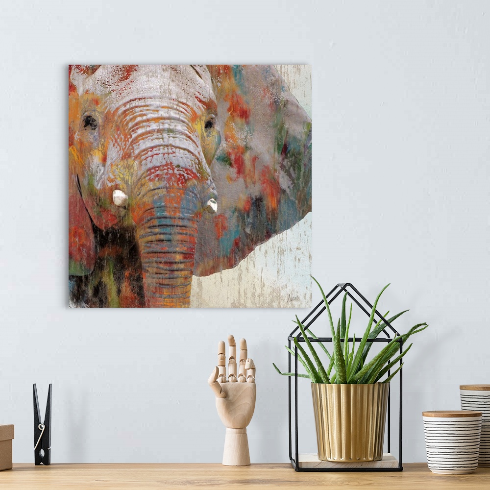 A bohemian room featuring A close up of an elephant with paint splattered all over it.