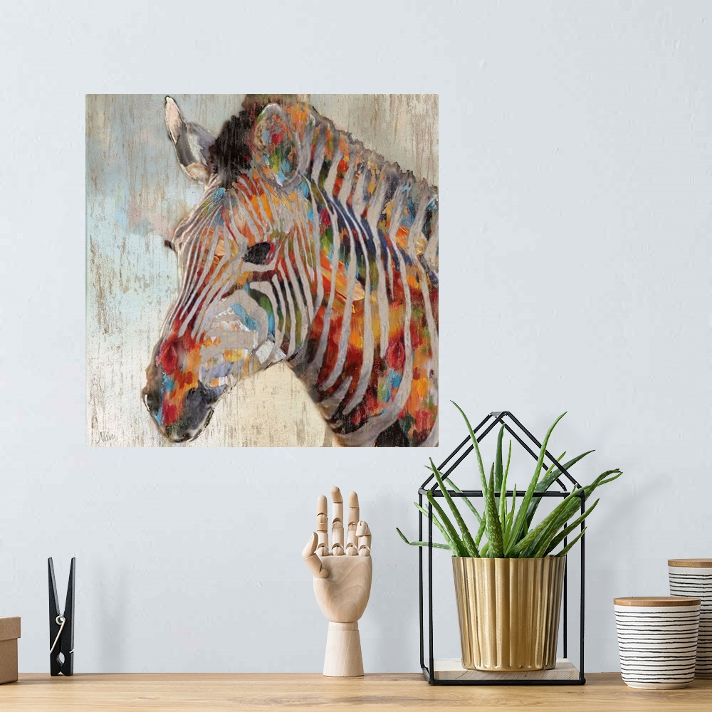 A bohemian room featuring A close up of a zebra with paint splattered all over.