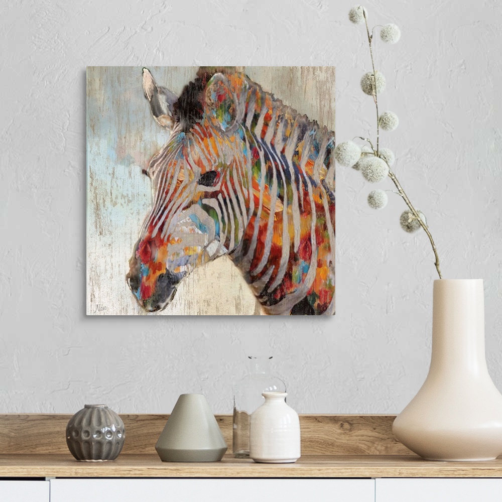 A farmhouse room featuring A close up of a zebra with paint splattered all over.